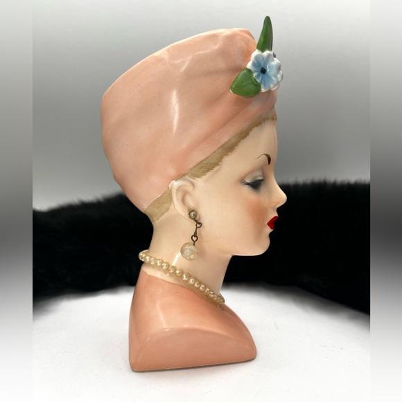 Vtg 1960 Napco Lady 6" Head Vase C4899B Pink Turbon Blonde Grace Kelly Image - Picture 4 of 13